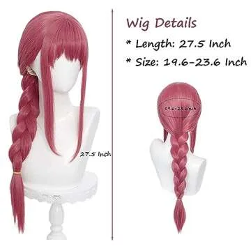 Long Pink Red Braid Wig with Bang for Women, Red Braided Anime Wig Heat Resistant Synthetic Hair for Halloween Costume Party (27.5 Inch)