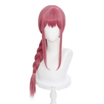 Long Pink Red Braid Wig with Bang for Women, Red Braided Anime Wig Heat Resistant Synthetic Hair for Halloween Costume Party (27.5 Inch)
