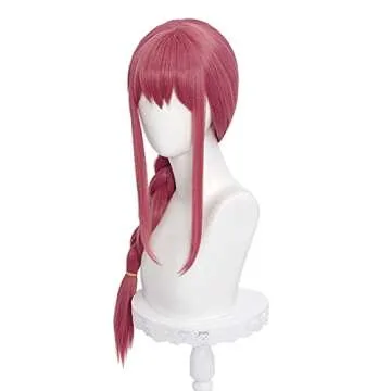 Long Pink Red Braid Wig with Bang for Women, Red Braided Anime Wig Heat Resistant Synthetic Hair for Halloween Costume Party (27.5 Inch)