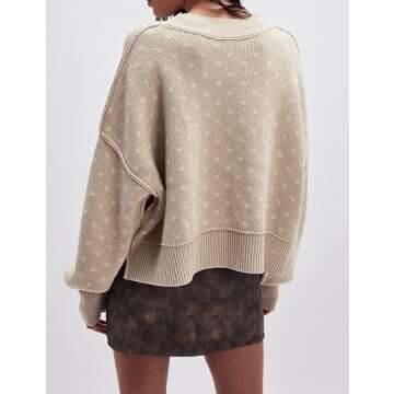 Antnation Women's Oversized Polka Dot Knit Sweater Casual Loose-Fit Pullover for Fall and Winter(Khaki-M)