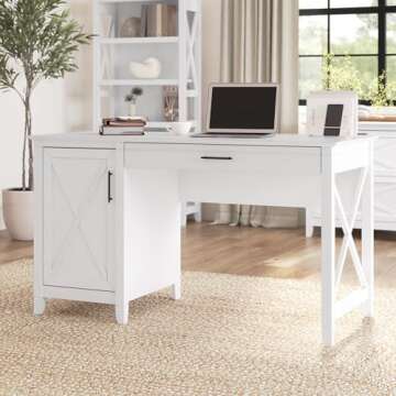 Bush Furniture Key West Computer Desk with Storage | Farmhouse PC Table for Home Office in Pure Whit...