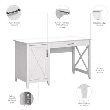 Bush Furniture Key West Computer Desk with Storage | Farmhouse PC Table for Home Office in Pure White Oak | 54W x 24D