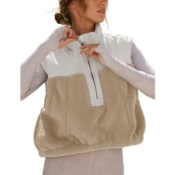Yeokou Women Fleece Sherpa Vest Cropped Half Zip Sleeveless Warm Fuzzy Contrast Color Outwear Vest K...