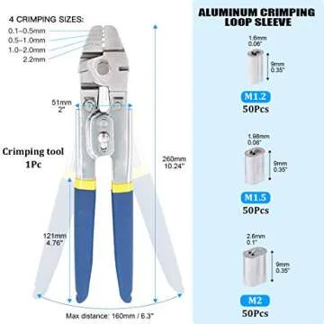 Glarks Up to 2.2mm Wire Rope Crimping Tool with 150Pcs 3 Size Aluminum Double Barrel Ferrule Crimpin...
