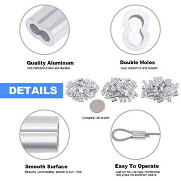 Glarks Up to 2.2mm Wire Rope Crimping Tool with 150Pcs 3 Size Aluminum Double Barrel Ferrule Crimping Loop Sleeve Kit