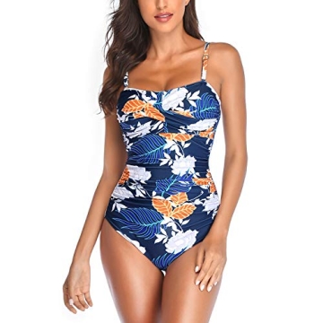 Smismivo Women's Strapless One Piece Tummy Control Swimsuit Vintage Retro Ruched Bandeau Bathing Suit Padded Slimming Tube Top Shirred Swimwear Navy Bloom