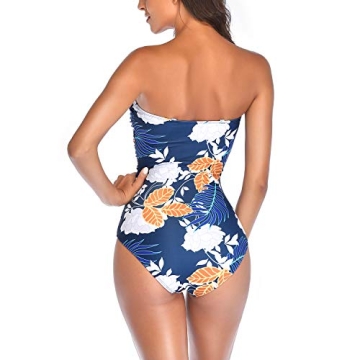 Smismivo Women's Strapless One Piece Tummy Control Swimsuit Vintage Retro Ruched Bandeau Bathing Suit Padded Slimming Tube Top Shirred Swimwear Navy Bloom
