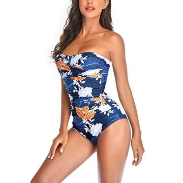 Smismivo Women's Strapless One Piece Tummy Control Swimsuit Vintage Retro Ruched Bandeau Bathing Suit Padded Slimming Tube Top Shirred Swimwear Navy Bloom