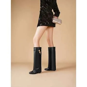 CDHYX Fold Over Boots for Women Pointy Pull-on Wedge Heel Knee Shark Boot With Side Zipper Padlock Design (Black 11)