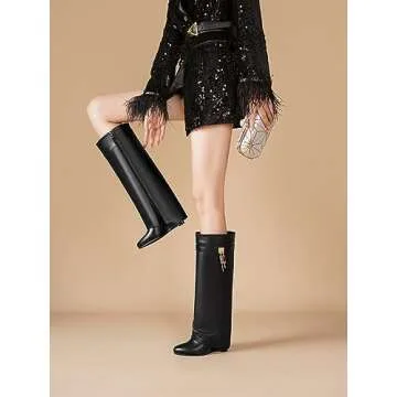 CDHYX Fold Over Boots for Women Pointy Pull-on Wedge Heel Knee Shark Boot With Side Zipper Padlock Design (Black 11)