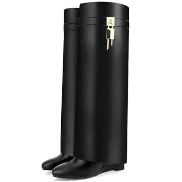 CDHYX Fold Over Boots for Women Pointy Pull-on Wedge Heel Knee Shark Boot With Side Zipper Padlock Design (Black 11)