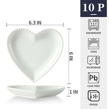 BABALIU 6.3 Inch Porcelain Appetizer Plates Set of 10, Heart Shape Small Dinner Plates, White Desser...
