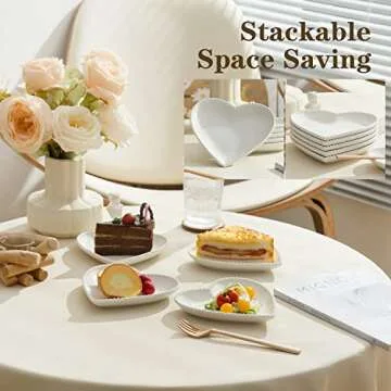 BABALIU 6.3 Inch Porcelain Appetizer Plates Set of 10, Heart Shape Small Dinner Plates, White Dessert Salad Plates Serving Dishes for Cake, Snack, Ice Cream, Waffles, Microwave, Oven, Dishwasher Safe