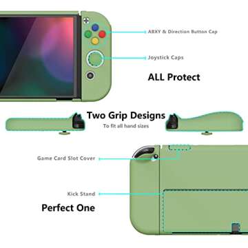 PlayVital AlterGrips Protective Slim Case for Nintendo Switch OLED, Ergonomic Grip Cover for Joycon, Dockable Hard Shell for Switch OLED w/Thumb Grip Caps & Button Caps - Matcha Green