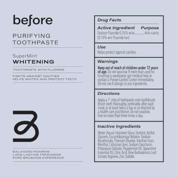 Before Whitening Anti-Cavity Toothpaste, Vegan, Reduces Plaque for Gum Health, Balanced Foaming, Low...