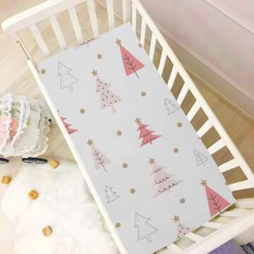 Pfrewn Christmas Crib Sheets for Boys Girls Pink Pastel Christmas Trees Star Gold Glitter Fitted Crib Sheet Fits Standard Crib Mattress Pads Winter Pattern Stretch Soft Toddler Baby Sheet,52x28IN