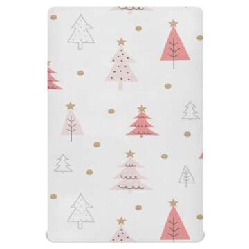 Pfrewn Christmas Crib Sheets for Boys Girls Pink Pastel Christmas Trees Star Gold Glitter Fitted Crib Sheet Fits Standard Crib Mattress Pads Winter Pattern Stretch Soft Toddler Baby Sheet,52x28IN
