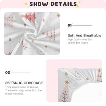 Pfrewn Christmas Crib Sheets for Boys Girls Pink Pastel Christmas Trees Star Gold Glitter Fitted Crib Sheet Fits Standard Crib Mattress Pads Winter Pattern Stretch Soft Toddler Baby Sheet,52x28IN