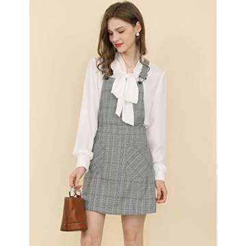 Allegra K Women's Adjustable Strap Above Knee Plaid Printed Overall Dress Suspender Skirt X-Small Green-Grey