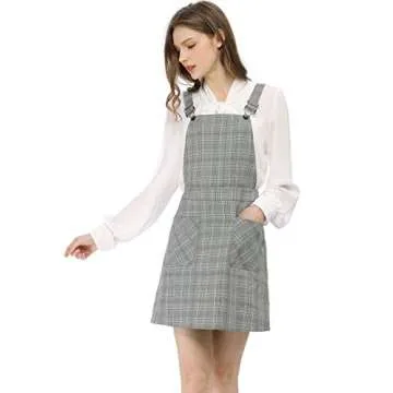 Allegra K Women's Adjustable Strap Above Knee Plaid Printed Overall Dress Suspender Skirt X-Small Green-Grey