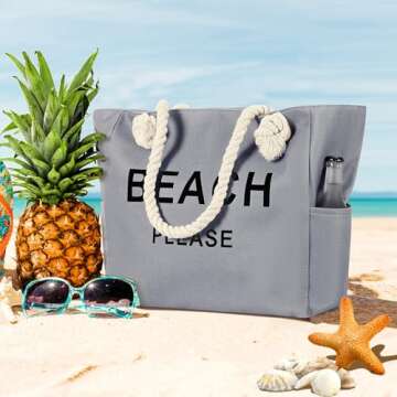 TESALATE Large Canvas Beach Tote Bag Waterproof Sandproof Summer Swim Pool Cruise Essentials Beachba...