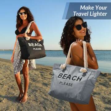 TESALATE Large Canvas Beach Tote Bag Waterproof Sandproof Summer Swim Pool Cruise Essentials Beachbag Zipper Gear Travel Necessities For Vacation Trip Women Birthday Gift Grey Gray Please