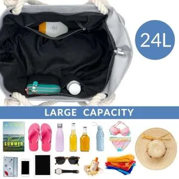 TESALATE Large Canvas Beach Tote Bag Waterproof Sandproof Summer Swim Pool Cruise Essentials Beachbag Zipper Gear Travel Necessities For Vacation Trip Women Birthday Gift Grey Gray Please