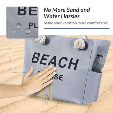 TESALATE Large Canvas Beach Tote Bag Waterproof Sandproof Summer Swim Pool Cruise Essentials Beachbag Zipper Gear Travel Necessities For Vacation Trip Women Birthday Gift Grey Gray Please