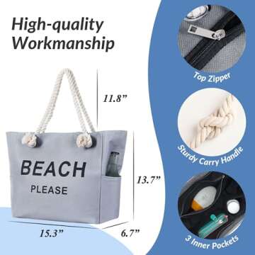 TESALATE Large Canvas Beach Tote Bag Waterproof Sandproof Summer Swim Pool Cruise Essentials Beachbag Zipper Gear Travel Necessities For Vacation Trip Women Birthday Gift Grey Gray Please