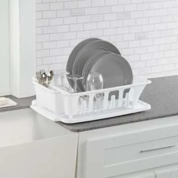 JOEY'Z EXTRA LARGE Heavy Duty Sturdy Hard Plastic Sink Set with Dish Rack with Attached Drainboard Cup Holders for Home Kitchen Counter Top Organizer - White (18 3/4" L x 13 3/4" W x 5 1/2")