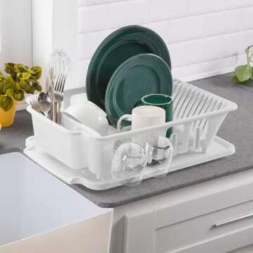 JOEY'Z EXTRA LARGE Heavy Duty Sturdy Hard Plastic Sink Set with Dish Rack with Attached Drainboard Cup Holders for Home Kitchen Counter Top Organizer - White (18 3/4" L x 13 3/4" W x 5 1/2")