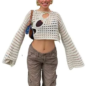Women Crochet Knitted Crop Top Long Sleeve Hollow Out Pullover Swimsuit Cover ups Bikini Coverup Swi...
