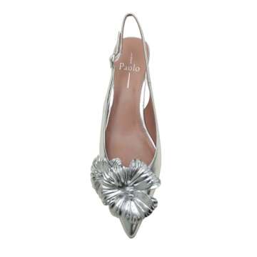 Castiel Women's Floral Leather Kitten Heel Slingback Pumps Silver Crackled Metallic