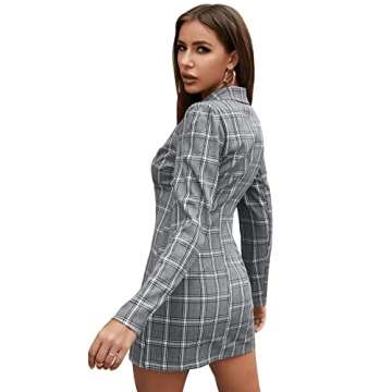 SweatyRocks Women's Casual Puff Sleeve Lapel Button Front Plaid Blazer Dress Grey L
