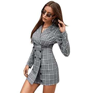 SweatyRocks Women's Casual Puff Sleeve Lapel Button Front Plaid Blazer Dress Grey L