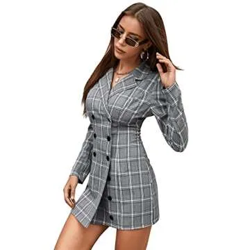 SweatyRocks Women's Casual Puff Sleeve Lapel Button Front Plaid Blazer Dress Grey L