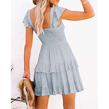 Women Summer Dresses Casual Boho Smocked Ruffles Sun Beach Babydoll Mini Dress Layered Flowy Swing C...