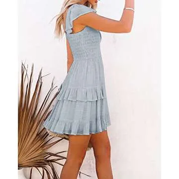 Women Summer Dresses Casual Boho Smocked Ruffles Sun Beach Babydoll Mini Dress Layered Flowy Swing Casaul Dress A-Blue