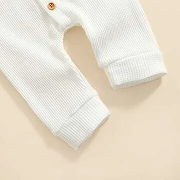 Ynibbim Winter Newborn Baby Boy Girl Solid Romper Unisex Infants Hooded Outfit Clothes Waffle Cotton Button Jumpsuits (Pure White, 6-12 Months)