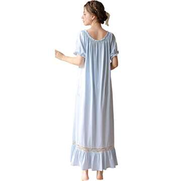 LAPAYA Women's Victorian Nightgown Cotton Lace Trim Vintage Sleepwear Short Sleeve Sleepshirts, Blue, Small