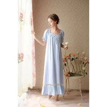 LAPAYA Women's Victorian Nightgown Cotton Lace Trim Vintage Sleepwear Short Sleeve Sleepshirts, Blue, Small