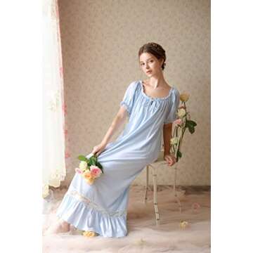 LAPAYA Women's Victorian Nightgown Cotton Lace Trim Vintage Sleepwear Short Sleeve Sleepshirts, Blue, Small