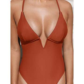 CUPSHE Women Swimsuit One Piece Bathing Suit Deep V Neck Crisscross Back Adjustable Strap, XL Brick Red