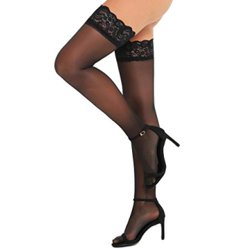 RSLOVE Women's Lace Top Thigh High Sheer Stockings Antiskid Silicone Ultra Shimmery Pantyhose Black ...