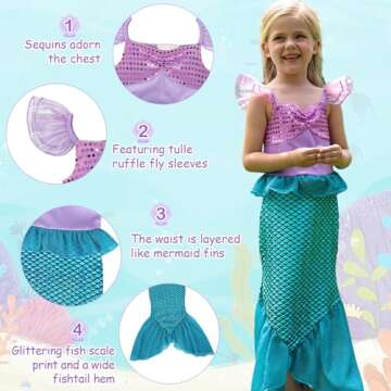 Eledobby Ariel Costume for Girls Little Mermaid Dress Halloween Outfits Birthday Party Princess Ariel Dresses with Accessories 3-4T