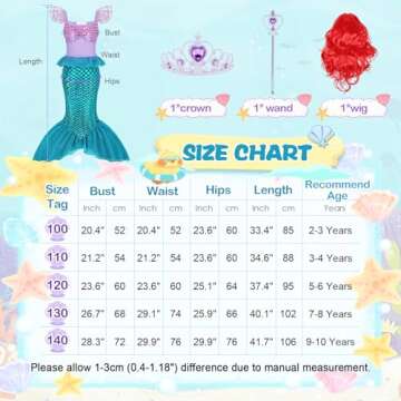 Eledobby Ariel Costume for Girls Little Mermaid Dress Halloween Outfits Birthday Party Princess Ariel Dresses with Accessories 3-4T