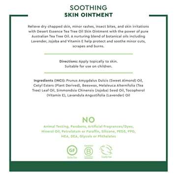 Desert Essence TEA TREE OIL SKIN OINTMENT – Itch Relief, Rash Cream for Razor Burn - Soothing Balm with Lavender & Jojoba - Gluten & Cruelty-Free - 1 oz