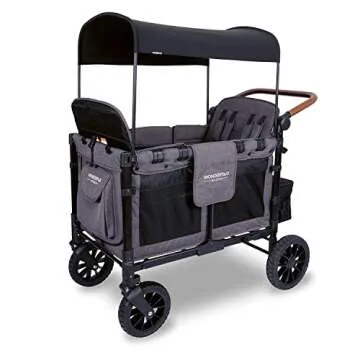 WONDERFOLD W4 Luxe Stroller Wagon (4 Seater) - Collapsible Wagon Stroller with Seats with Magnetic Buckle 5-Point Harnesses, Charcoal Gray-Black Frame