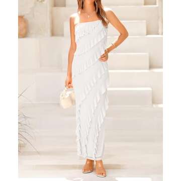 BTFBM Women Summer Dresses Off Shoulder 2024 Elegant Mesh Midi Dresses Trendy Cocktail Dress Tight Prom Dress(Solid White,Small)