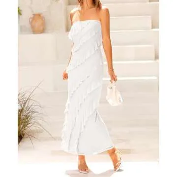 BTFBM Women Summer Dresses Off Shoulder 2024 Elegant Mesh Midi Dresses Trendy Cocktail Dress Tight Prom Dress(Solid White,Small)